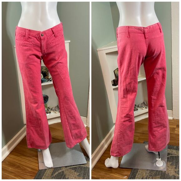 Vintage 70s Pink Hip Huggers Ultra Low Rise Bell Bottom Jeans Pants Small 30x31 - Picture 1 of 16